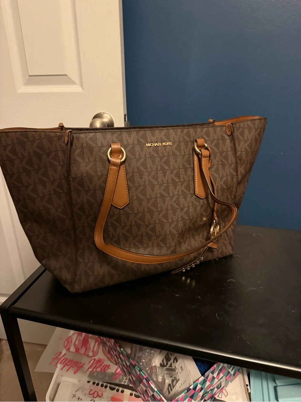 Michael Kors Brown Logo Tote with Tan Leather Trim